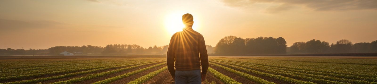 farmer standing in field looking at sunset