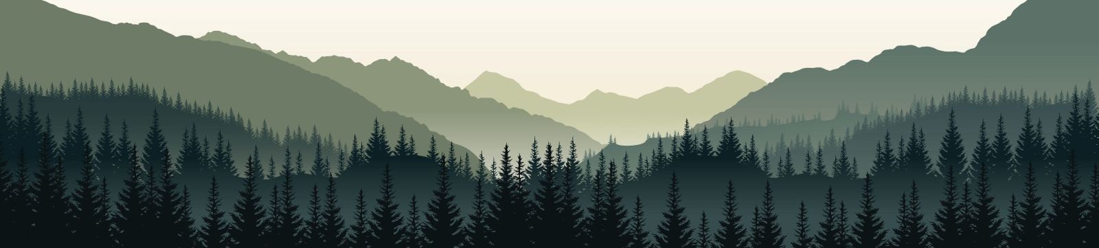 Image of illustrated mountains fading into the background with tree silhouettes in the foreground. 